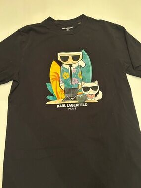 Karl Lagerfeld Black Short-Sleeve Tee with Colorful Surf Graphic
